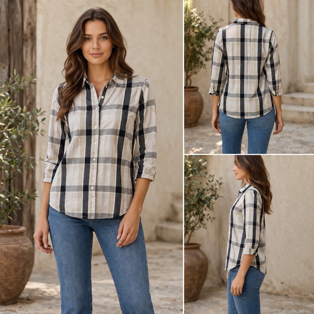 Alia Sport Button-Up Shirt Womens 16 Multicolor Plaid Check Classic 3/4 Sleeve